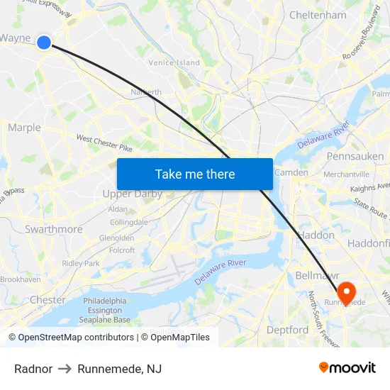 Radnor to Runnemede, NJ map