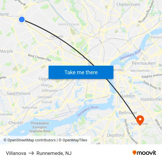 Villanova to Runnemede, NJ map