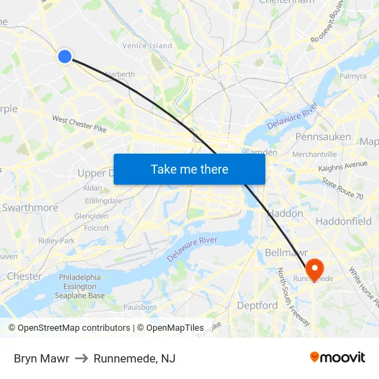 Bryn Mawr to Runnemede, NJ map