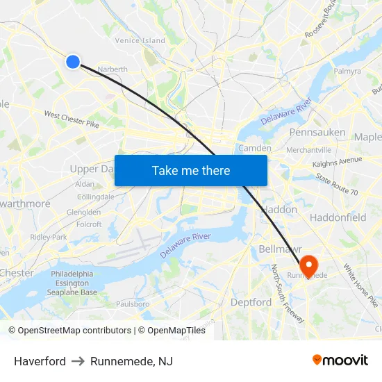 Haverford to Runnemede, NJ map