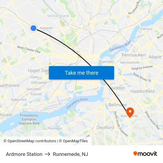 Ardmore Station to Runnemede, NJ map