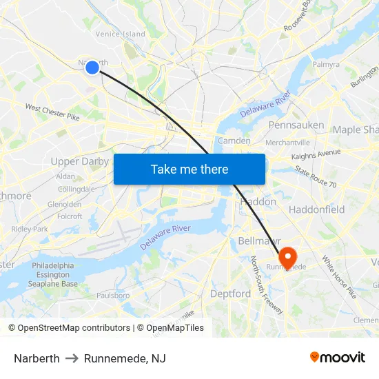 Narberth to Runnemede, NJ map