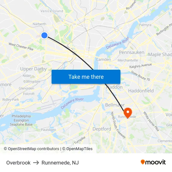 Overbrook to Runnemede, NJ map