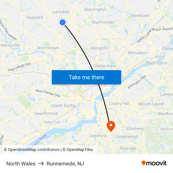 North Wales to Runnemede, NJ map