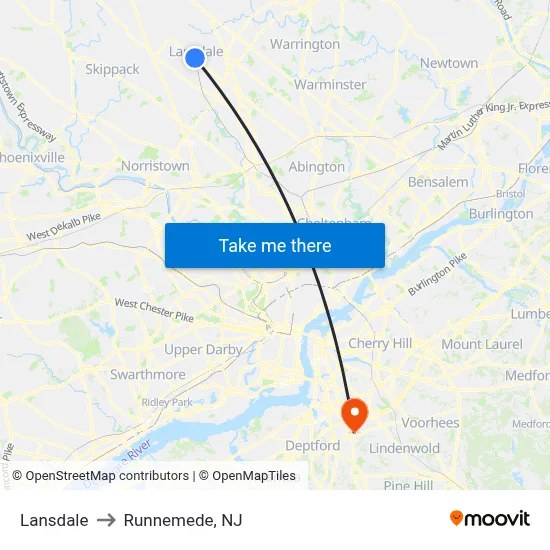 Lansdale to Runnemede, NJ map