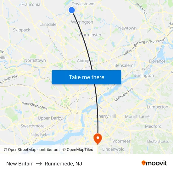 New Britain to Runnemede, NJ map