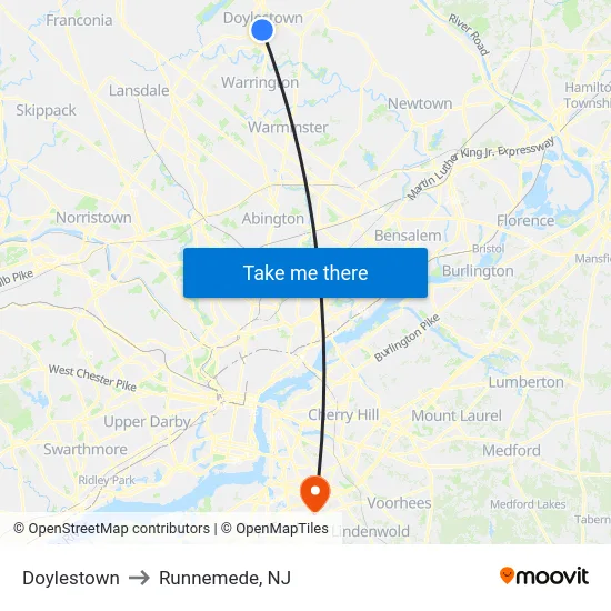 Doylestown to Runnemede, NJ map