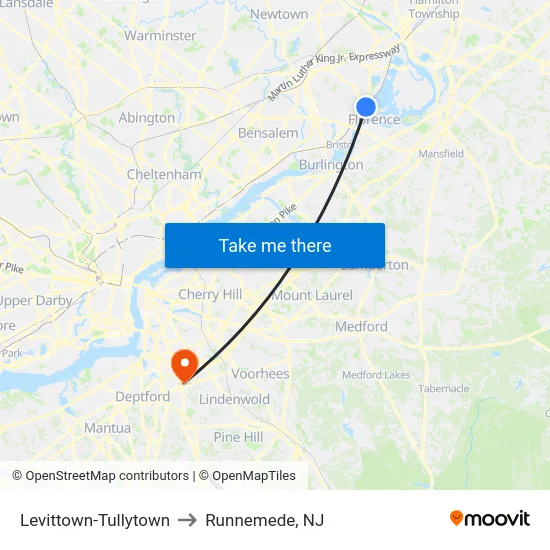 Levittown-Tullytown to Runnemede, NJ map