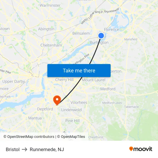 Bristol to Runnemede, NJ map