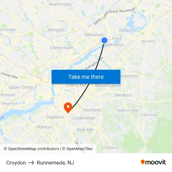 Croydon to Runnemede, NJ map