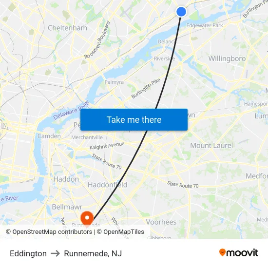 Eddington to Runnemede, NJ map