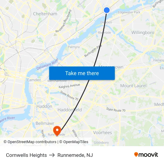 Cornwells Heights to Runnemede, NJ map