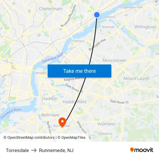 Torresdale to Runnemede, NJ map