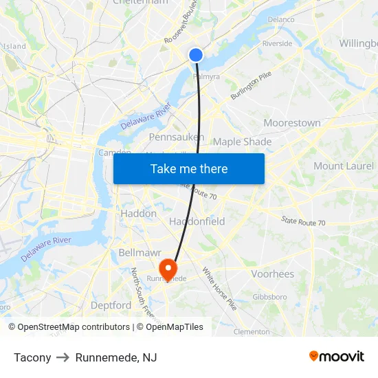 Tacony to Runnemede, NJ map