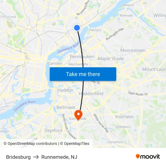 Bridesburg to Runnemede, NJ map