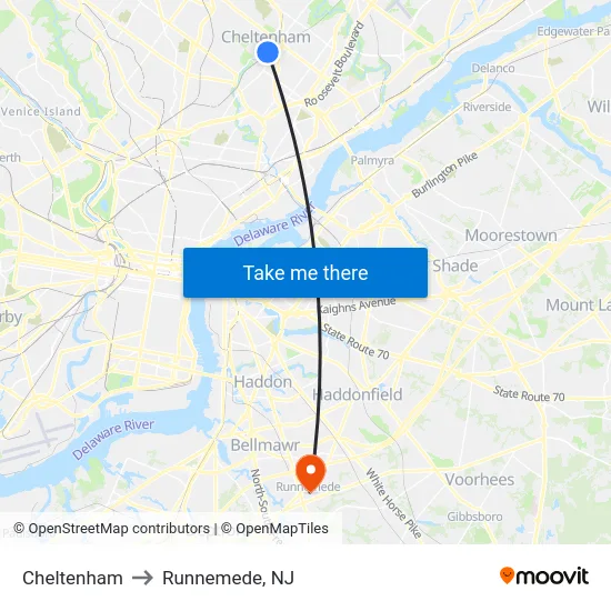Cheltenham to Runnemede, NJ map