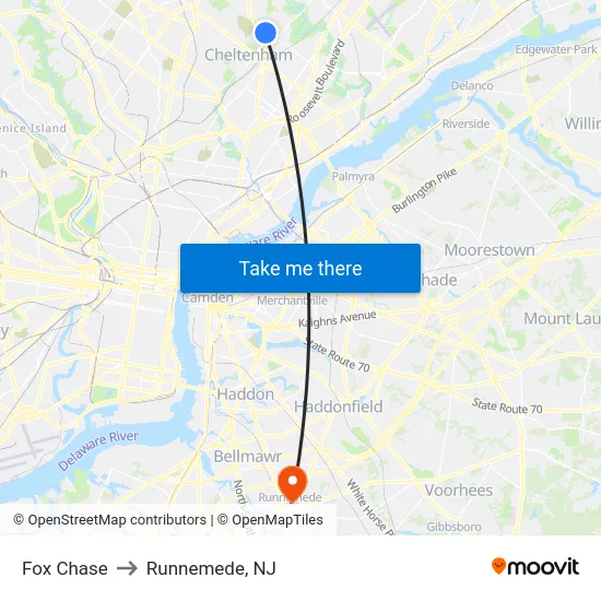 Fox Chase to Runnemede, NJ map