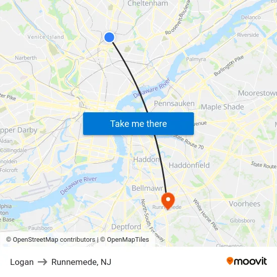 Logan to Runnemede, NJ map