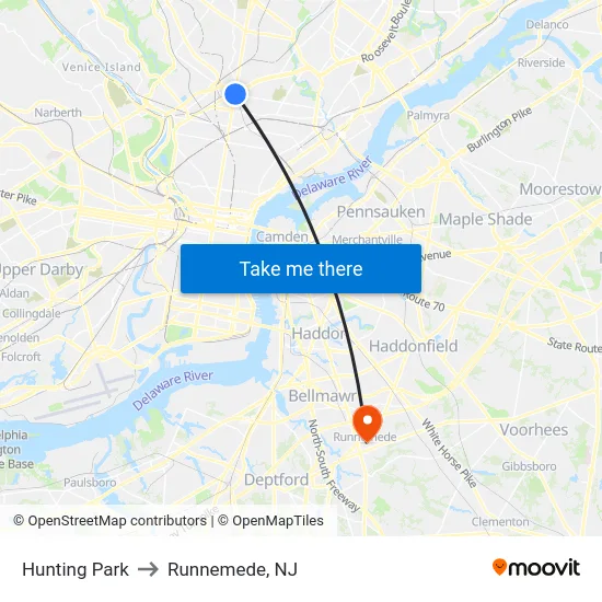 Hunting Park to Runnemede, NJ map