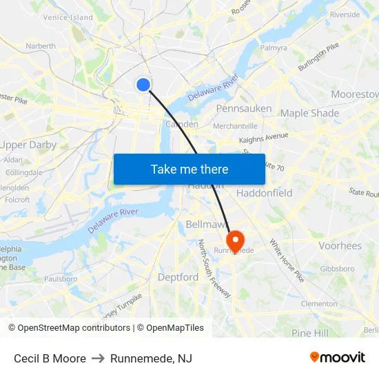 Cecil B Moore to Runnemede, NJ map