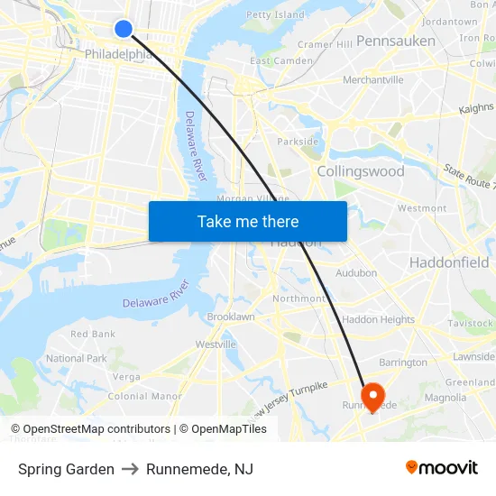Spring Garden to Runnemede, NJ map