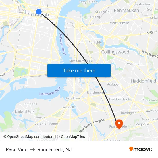 Race Vine to Runnemede, NJ map