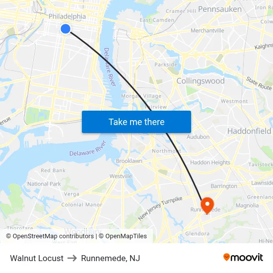 Walnut Locust to Runnemede, NJ map