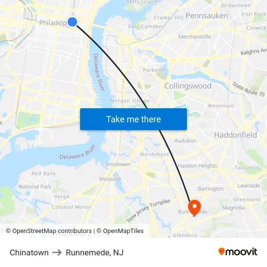 Chinatown to Runnemede, NJ map