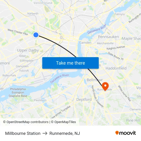 Millbourne Station to Runnemede, NJ map