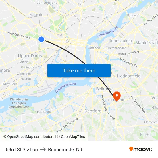 63rd St Station to Runnemede, NJ map