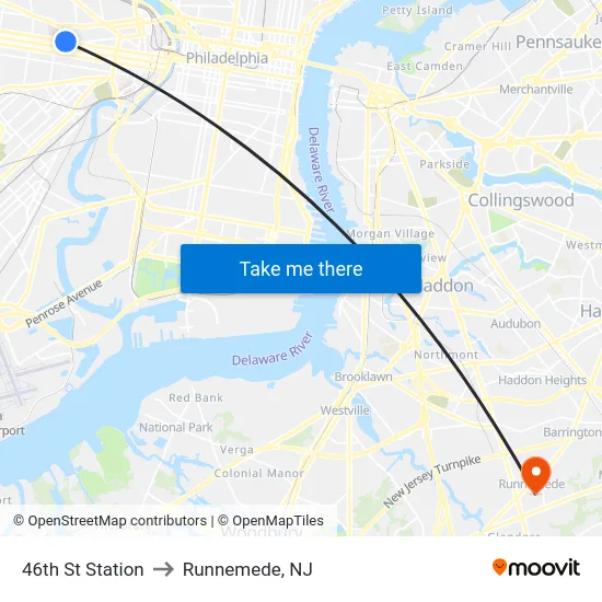 46th St Station to Runnemede, NJ map