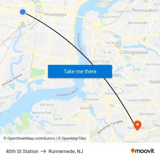 40th St Station to Runnemede, NJ map