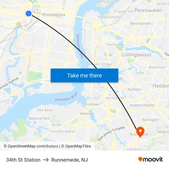 34th St Station to Runnemede, NJ map