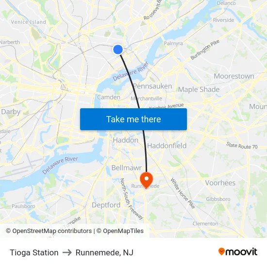 Tioga Station to Runnemede, NJ map