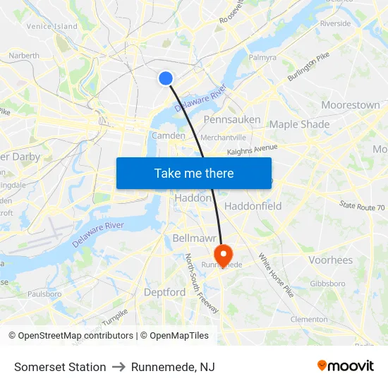 Somerset Station to Runnemede, NJ map