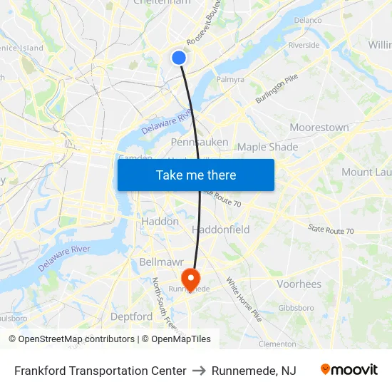 Frankford Transportation Center to Runnemede, NJ map