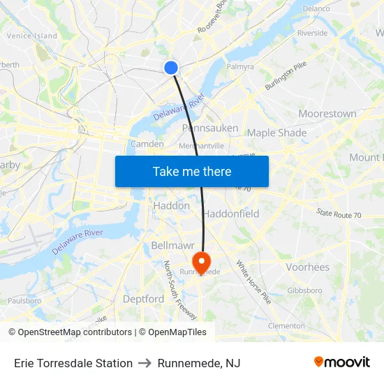 Erie Torresdale Station to Runnemede, NJ map
