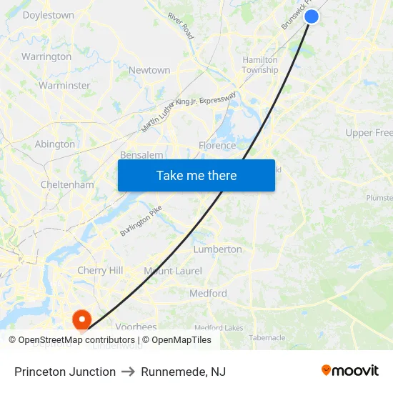 Princeton Junction to Runnemede, NJ map
