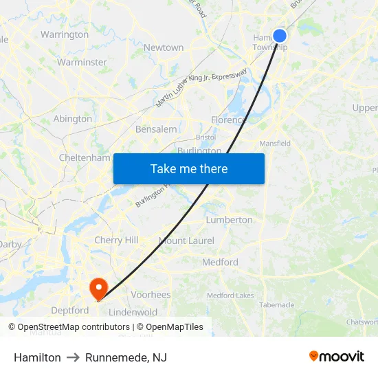 Hamilton to Runnemede, NJ map