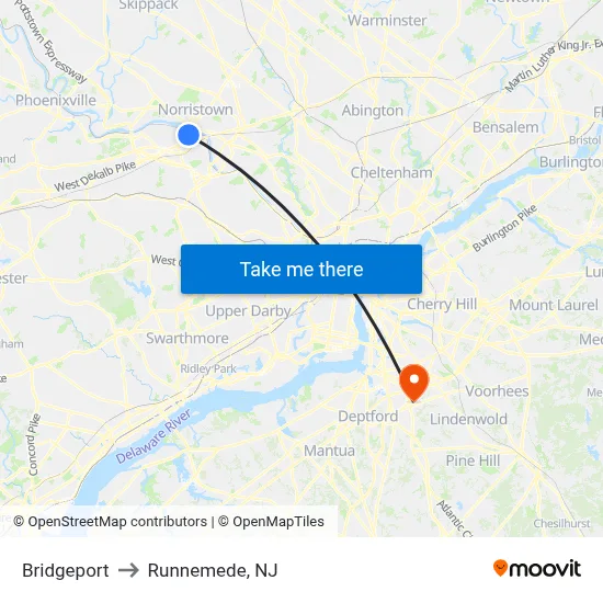 Bridgeport to Runnemede, NJ map