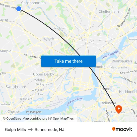 Gulph Mills to Runnemede, NJ map