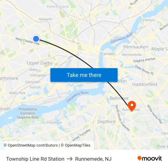 Township Line Rd Station to Runnemede, NJ map