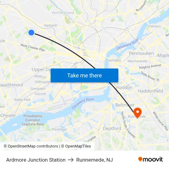 Ardmore Junction Station to Runnemede, NJ map