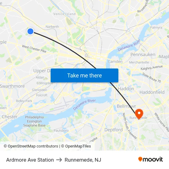 Ardmore Ave Station to Runnemede, NJ map