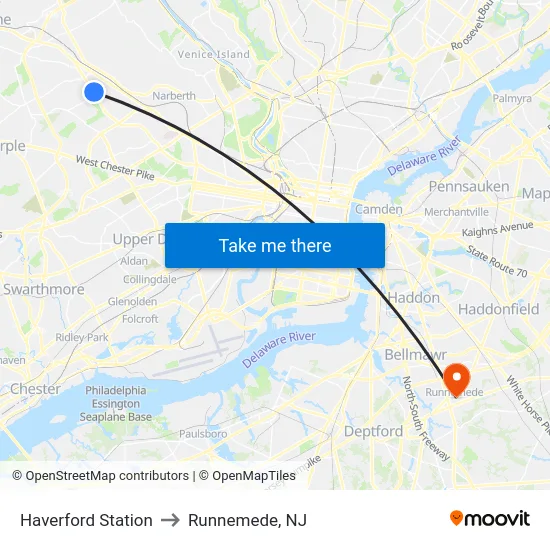 Haverford Station to Runnemede, NJ map
