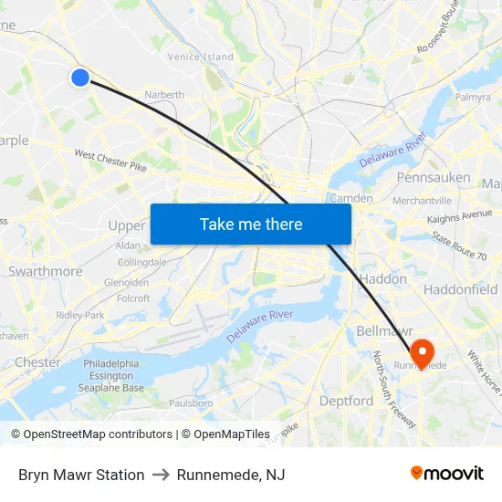 Bryn Mawr Station to Runnemede, NJ map