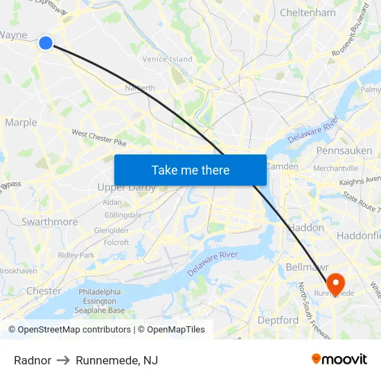 Radnor to Runnemede, NJ map