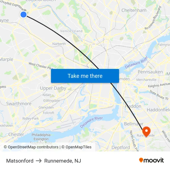 Matsonford to Runnemede, NJ map