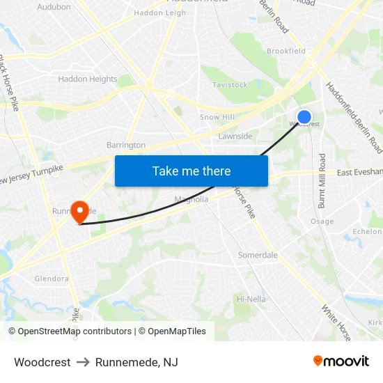 Woodcrest to Runnemede, NJ map