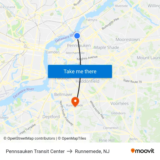 Pennsauken Transit Center to Runnemede, NJ map